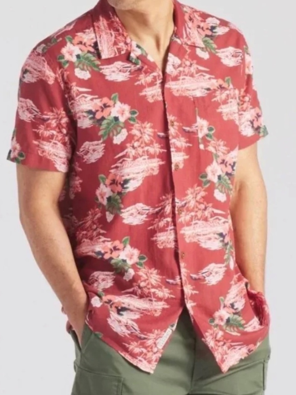 Grayers Mens Bali Red Tropical Hawaiian Print Button Down Cotton Camp Shirt XL